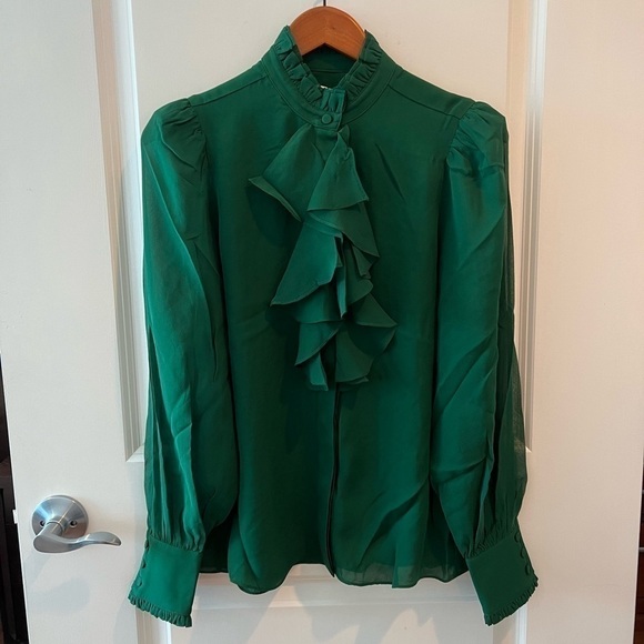 NWT Divine Heritage Silk Ruffle Front Blouse  Emerald Sheer Puff Sleeve - Picture 2 of 16